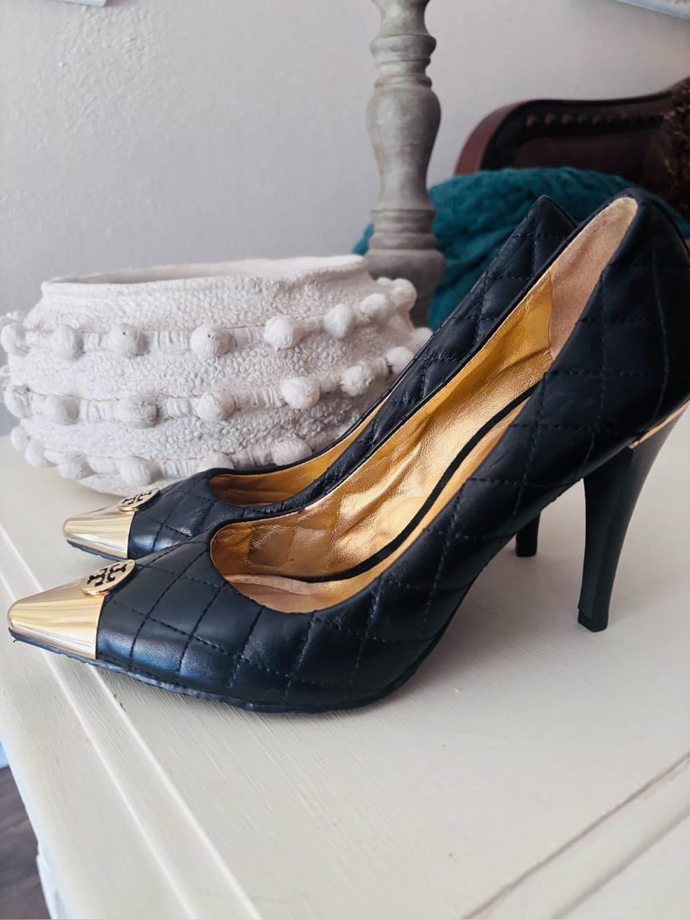 Tory Burch Black Quilted Pointed 4” Pumps with Gold Toe Cap Logo